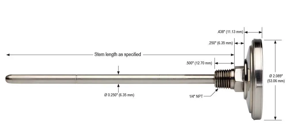 2" Bimetal, 1/4" National Pipe Thread (NPT) Back Connection, 6" Stem Length, 0/140 ºF/ºC, 0.250" Diameter Thermometer