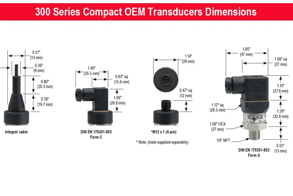 0 to 150 psig, 0.5% Accuracy (Best Fit Straight Line (BFSL)), 0 to 10 Vdc Output, 1/4" National Pipe Thread (NPT) Male Pressure Transducer with DIN EN 175301-803 Form A Electrical Connection