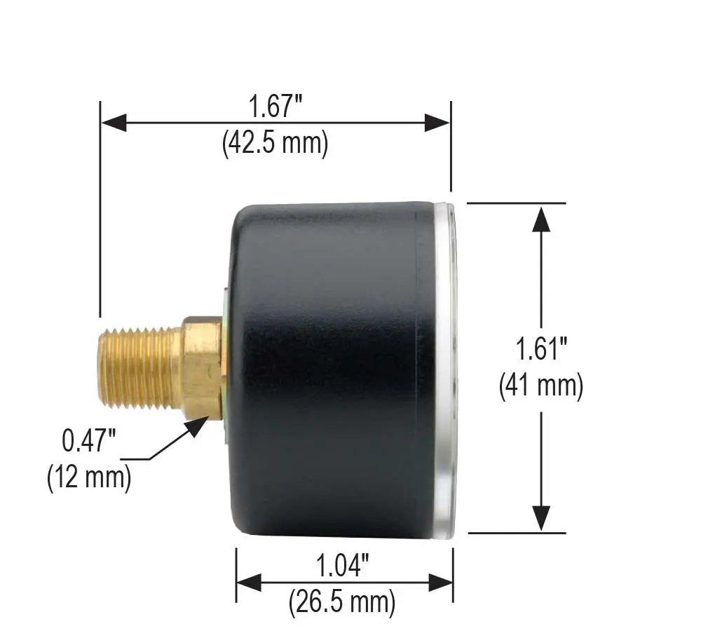 1-1/2" Acrylonitrile Butadiene Styrene (ABS) Case, Copper Alloy Internals, 5,000 psi/kPa, 1/8" National Pipe Thread (NPT) Male Back Connection Pressure Gauge with Glycerin Filled