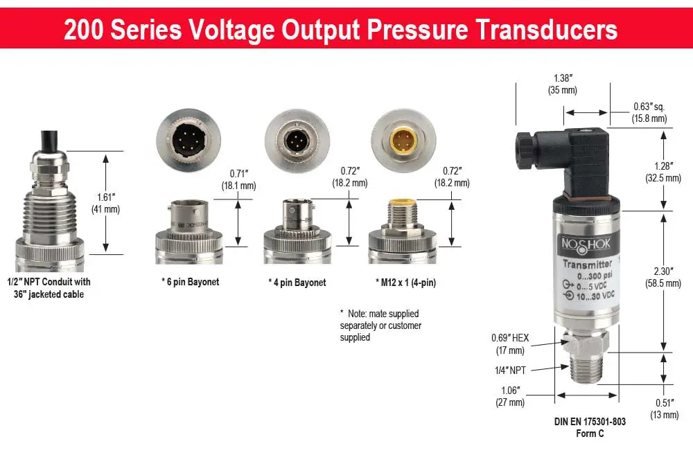 0 to 1,000 psig, 0.5% Accuracy (Best Fit Straight Line (BFSL)), 0 to 10 Vdc Output, 1/4" National Pipe Thread (NPT) Male Pressure Transducer with DIN EN 175301-803 Form C Electrical Connection