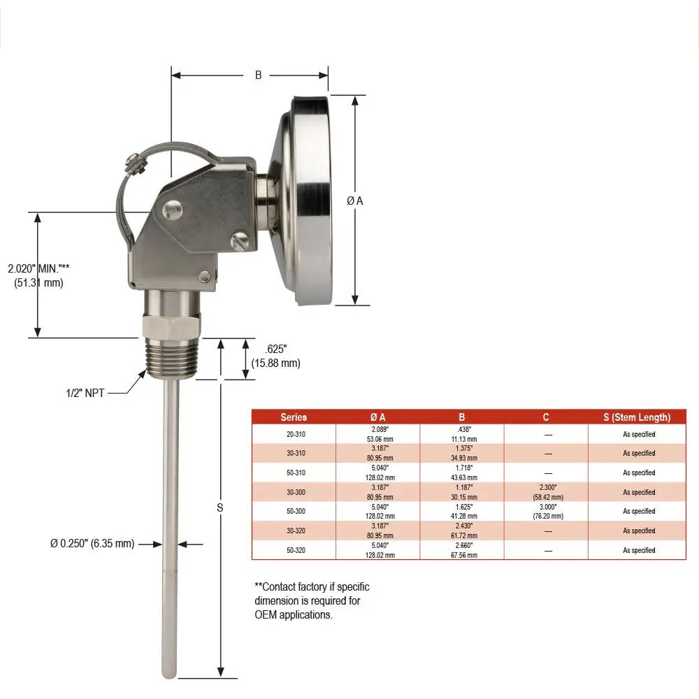 3" Bimetal, 1/2" National Pipe Thread (NPT) Adjustable Connection, 4" Stem Length, 0/200 ºF/ºC, 0.250" Diameter Thermometer