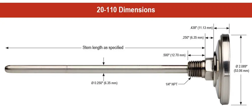 2" Bimetal, 1/4" National Pipe Thread (NPT) Back Connection, 2.5" Stem Length, 0/140 ºF/ºC, 0.250" Diameter Thermometer