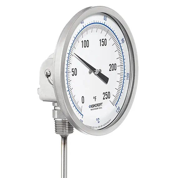 Ashcroft 30EI60E-040-50/550F 1/2" NPT, 3" Dial, 4" L Everyangle Stem, Black on White, Hermetically Sealed 304 Stainless Steel, Heavy Duty Glass Window, 50 to 550 Deg F, Fahrenheit Scale, Bi-Metal Thermometer