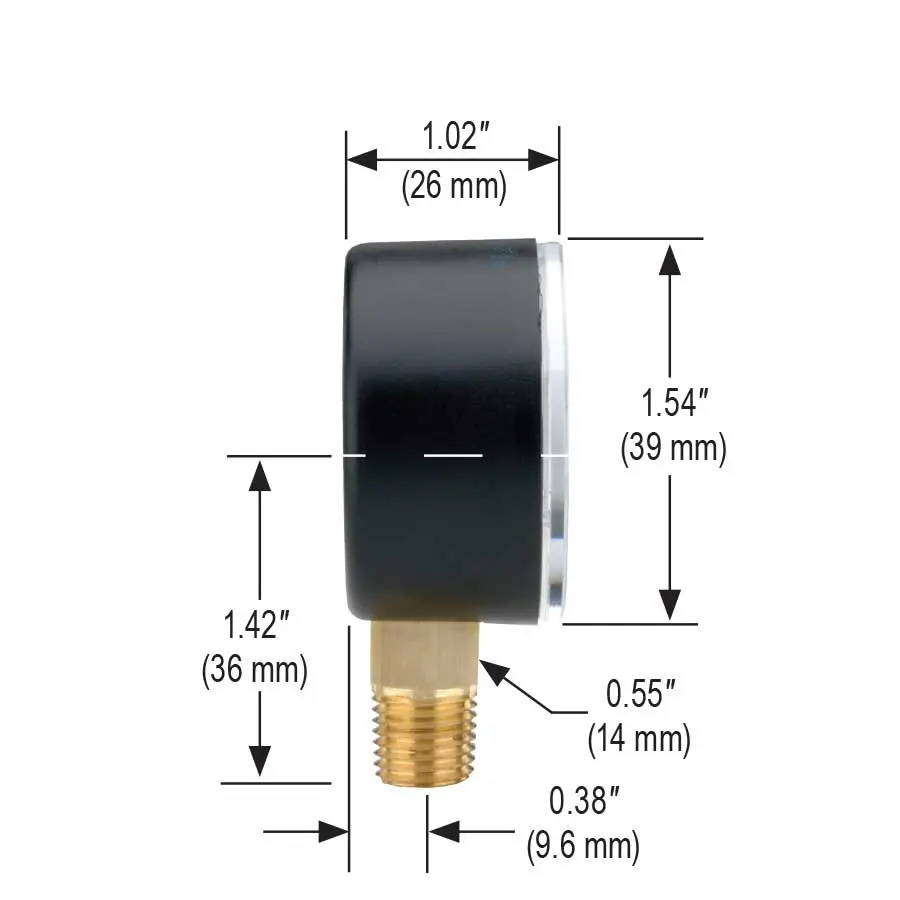 1-1/2" Acrylonitrile Butadiene Styrene (ABS) Case, Copper Alloy Internals, 60 psi/kg/cm², 1/8" National Pipe Thread (NPT) Male Bottom Connection Pressure Gauge