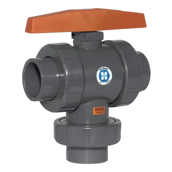 1-1/4" PVC 3-Way True Union Ball Valves w/FPM o-rings; socket/threaded end connections