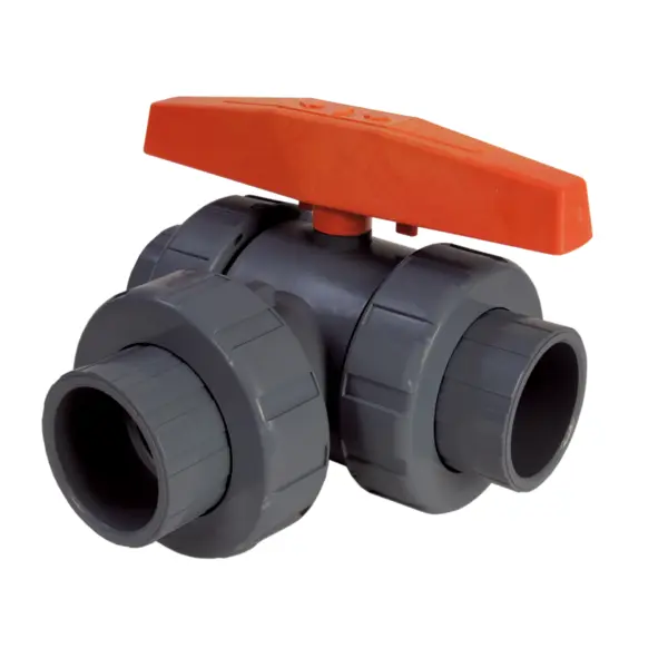 1-1/4" PVC 3-Way Lateral True Union Ball Valves w/FPM o-rings; socket/threaded end connections