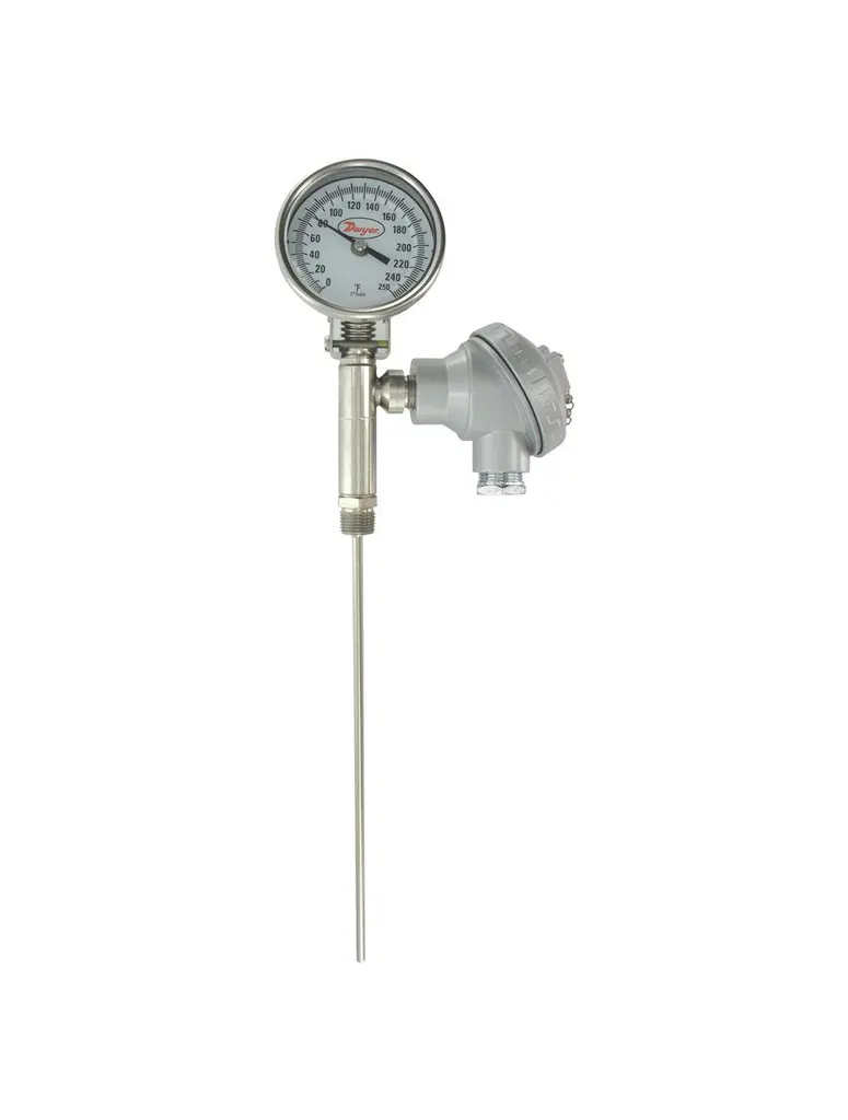 Bimetal thermometer with transmitter output, 4" stem length, range 50-550°F.